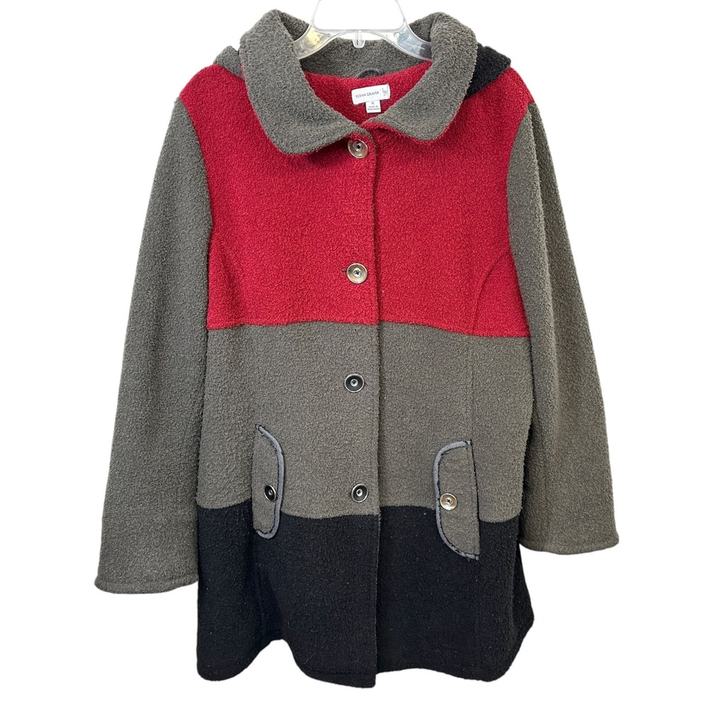 Susan Graver Plus Size 1X Coat‎ Colorblock Fleece Hooded Pea Red Grey Black A
